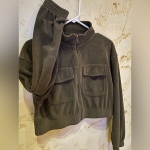 Aerie EUC Cropped Zip Up Ribbed Shacket Size Small Olive Green Jacket Top